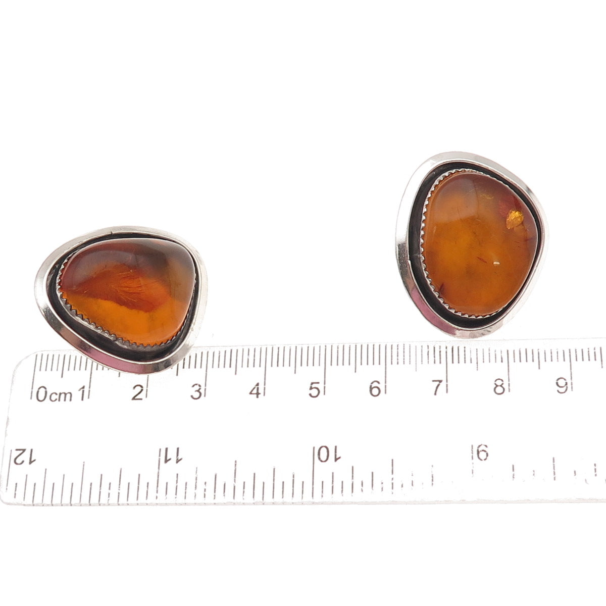 925 Sterling Silver Vintage Real Amber Modernist Oxidized Earrings
