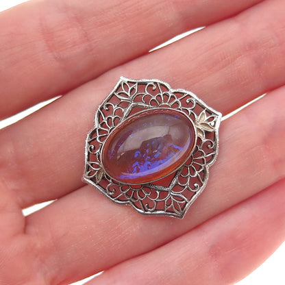 925 Sterling Silver Antique Art Deco Dragon Breath Opal Oxidized Pin Brooch