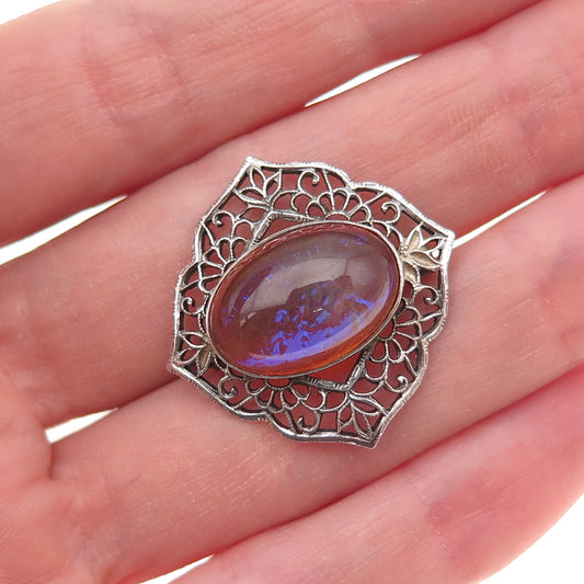 925 Sterling Silver Antique Art Deco Dragon Breath Opal Oxidized Pin Brooch