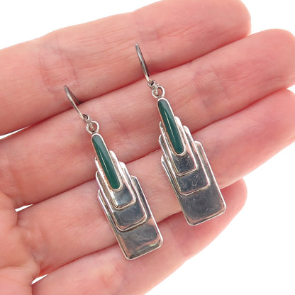 925 Sterling Silver Vintage Real Green Onyx Modernist Dangle Earrings