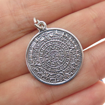 925 Sterling Silver Vintage Mayan Calendar Oxidized Charm Pendant