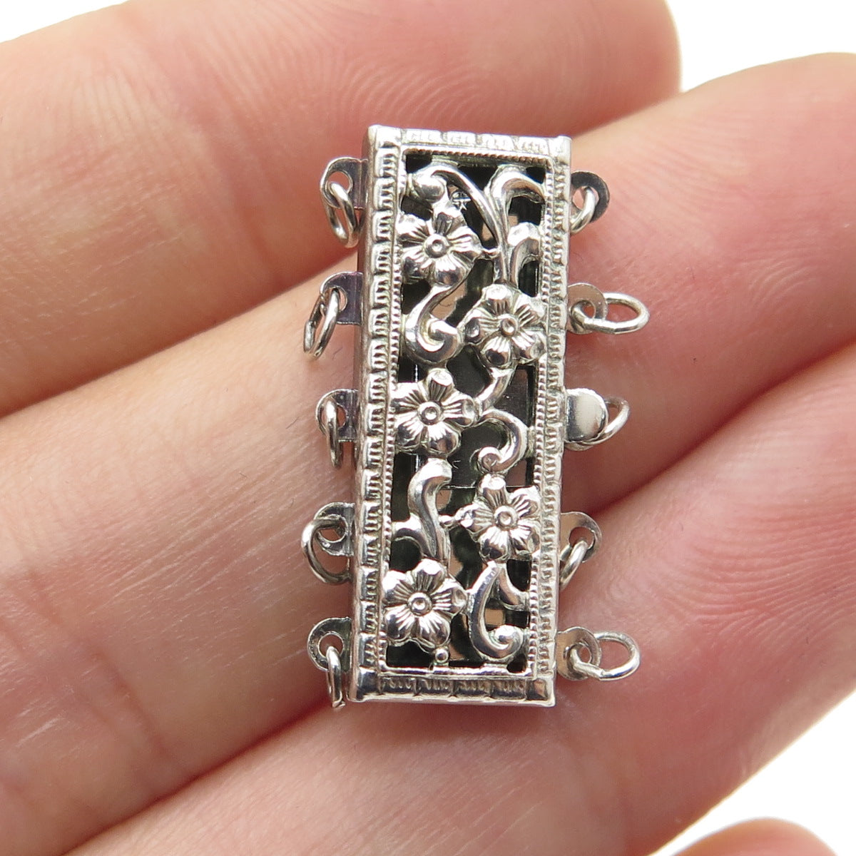 925 Sterling Silver Vintage 5 Strand Long Floral Box Clasp for Bracelet/Necklace