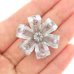 AM LEE Sterling Silver Antique Art Deco Rhinestone Flower Filigree Pin Brooch