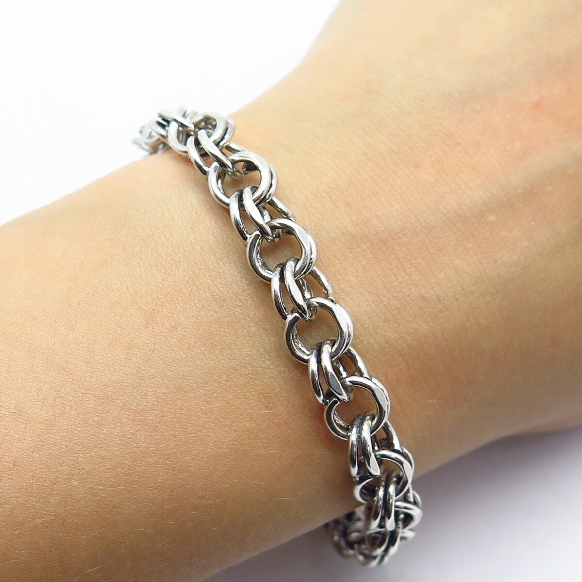 925 Sterling Silver Vintage Double Cable Link Bracelet 7.25"