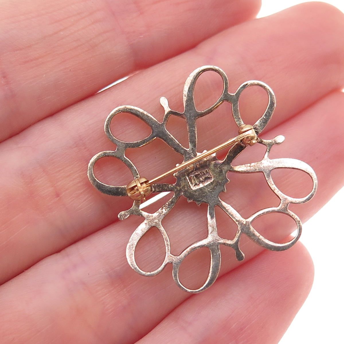 925 Sterling Gold Plated Antique Real Diamond & Black Onyx Floral Pin Brooch