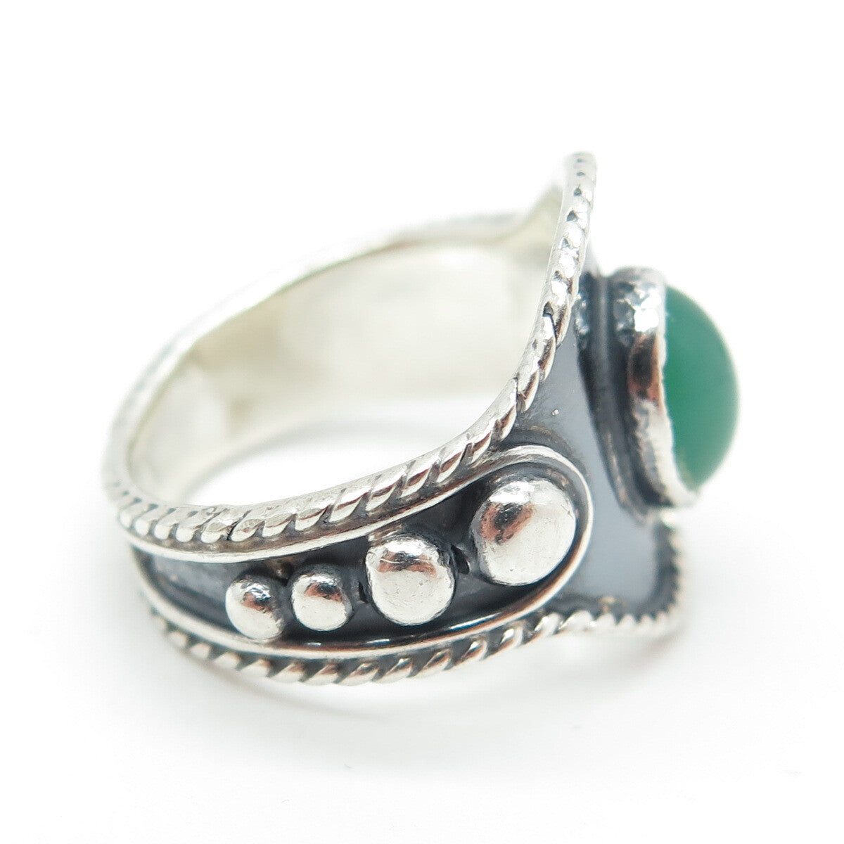925 Sterling Silver Vintage Mexico Real Green Chalcedony Beaded Ring Size 5.25