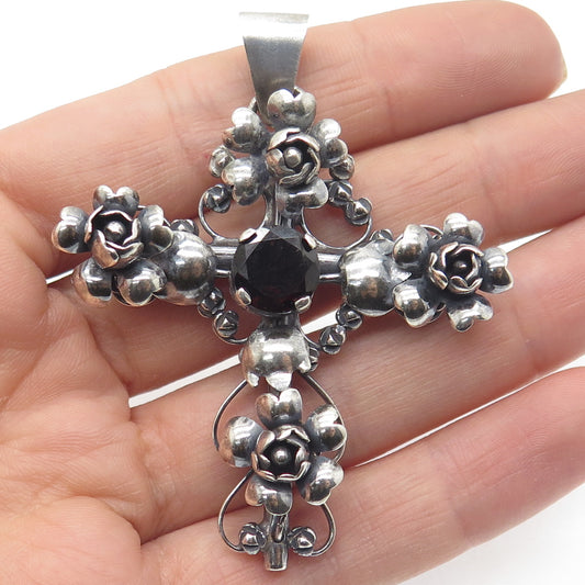 925 Sterling Silver Antique Art Deco Real Red Garnet Rose Cross Oxidized Pendant