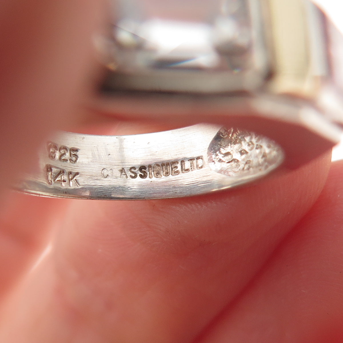 Classique 925 Sterling Silver 14K Gold Vintage White & Pink C Z Ring Size 6.25
