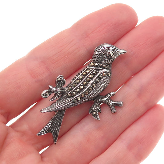 925 Sterling Silver Vintage Real Marcasite Oxidized Pin Brooch