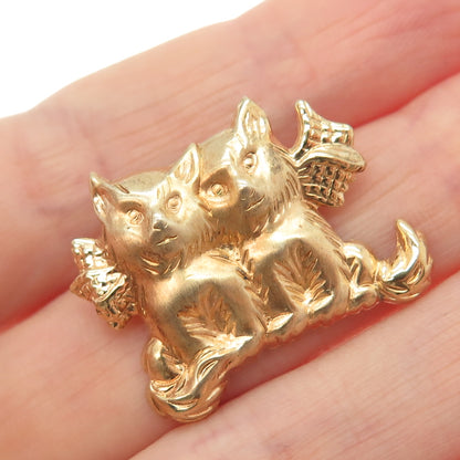 BEAU 925 Sterling Silver Gold Plated Vintage Dog Twins Repousse Pin Brooch