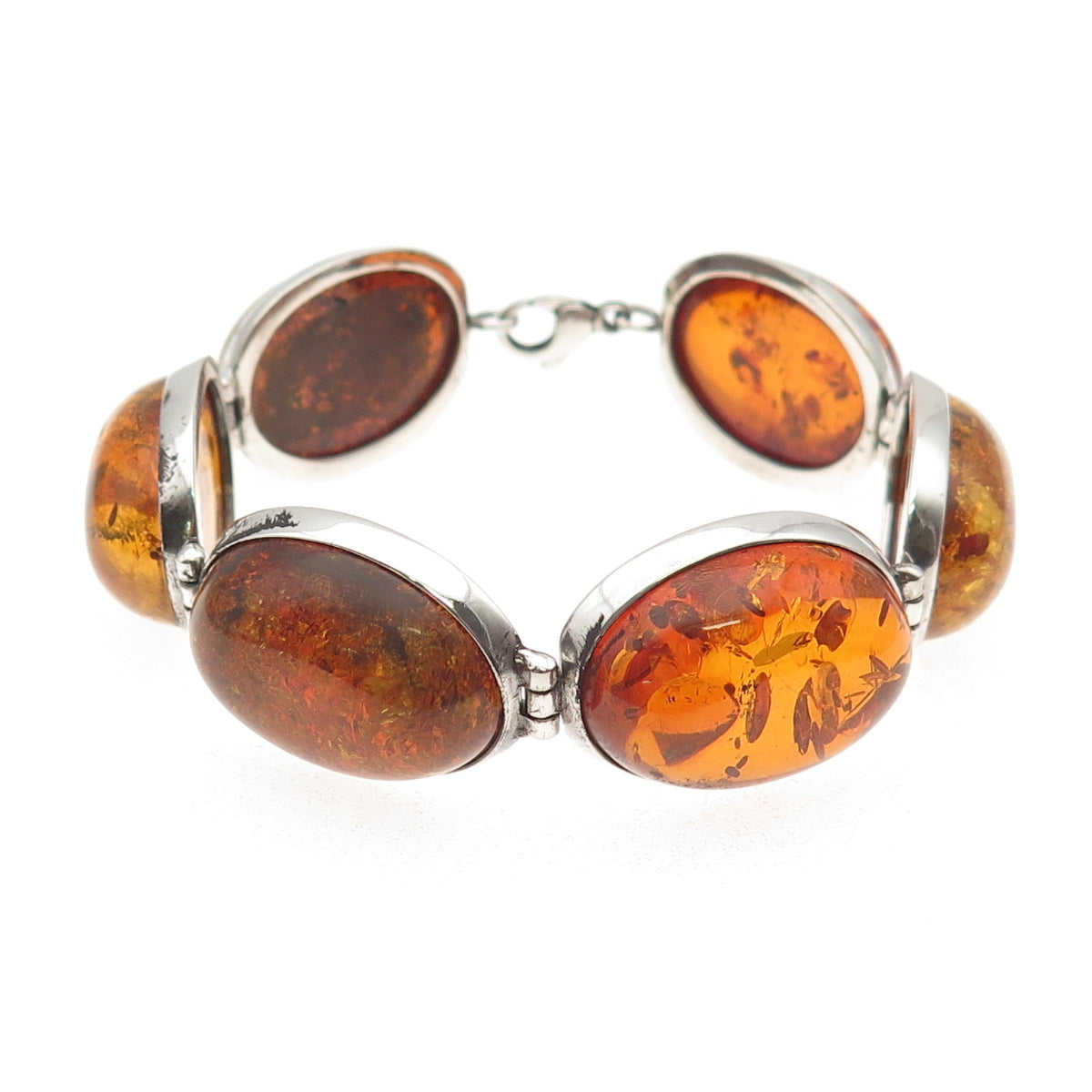 925 Sterling Silver Vintage Real Cabochon Amber Link Bracelet 7"
