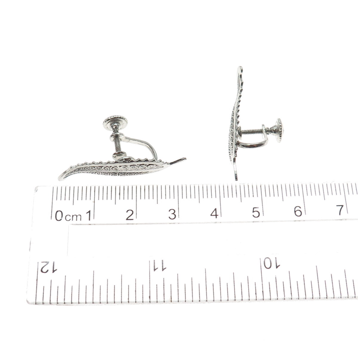 925 Sterling Silver Antique Art Deco Feather Oxidized Screw Back Earrings