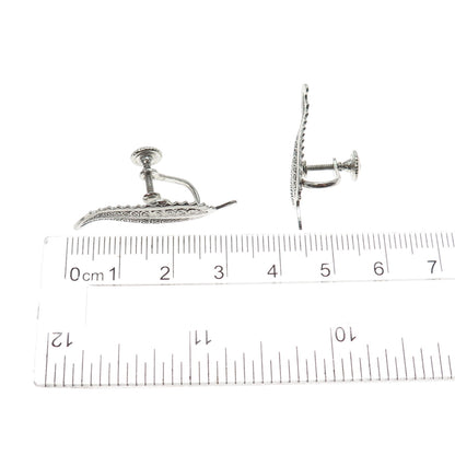 925 Sterling Silver Antique Art Deco Feather Oxidized Screw Back Earrings