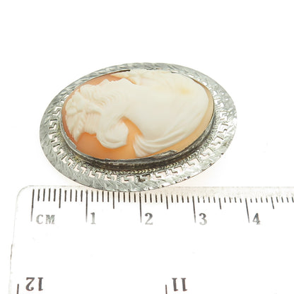 800 Silver Vintage Real Caved MOP Lady Cameo Greek Key Oval Pin Brooch