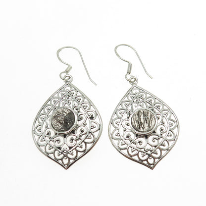 925 Sterling Silver Vintage Real Rutilated Quartz Floral Ornate Dangle Earrings