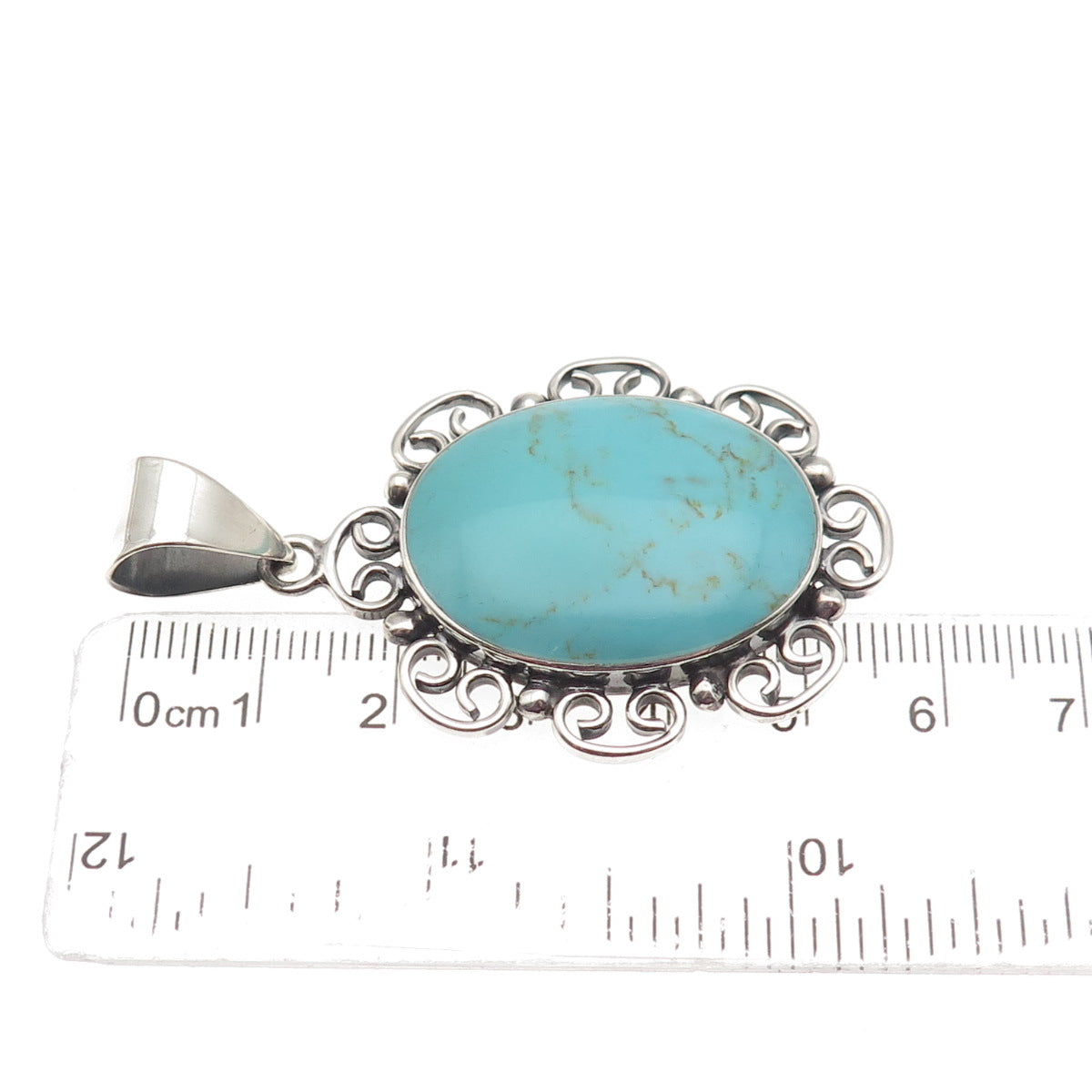 925 Sterling Silver Vintage Mexico Real Tyrone Turquoise Ornate Pendant
