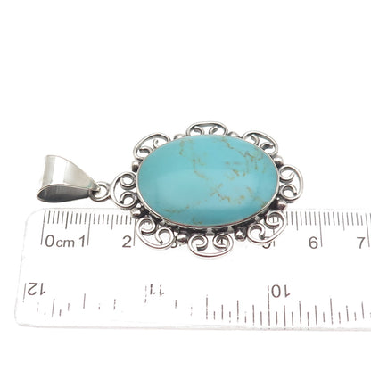 925 Sterling Silver Vintage Mexico Real Tyrone Turquoise Ornate Pendant