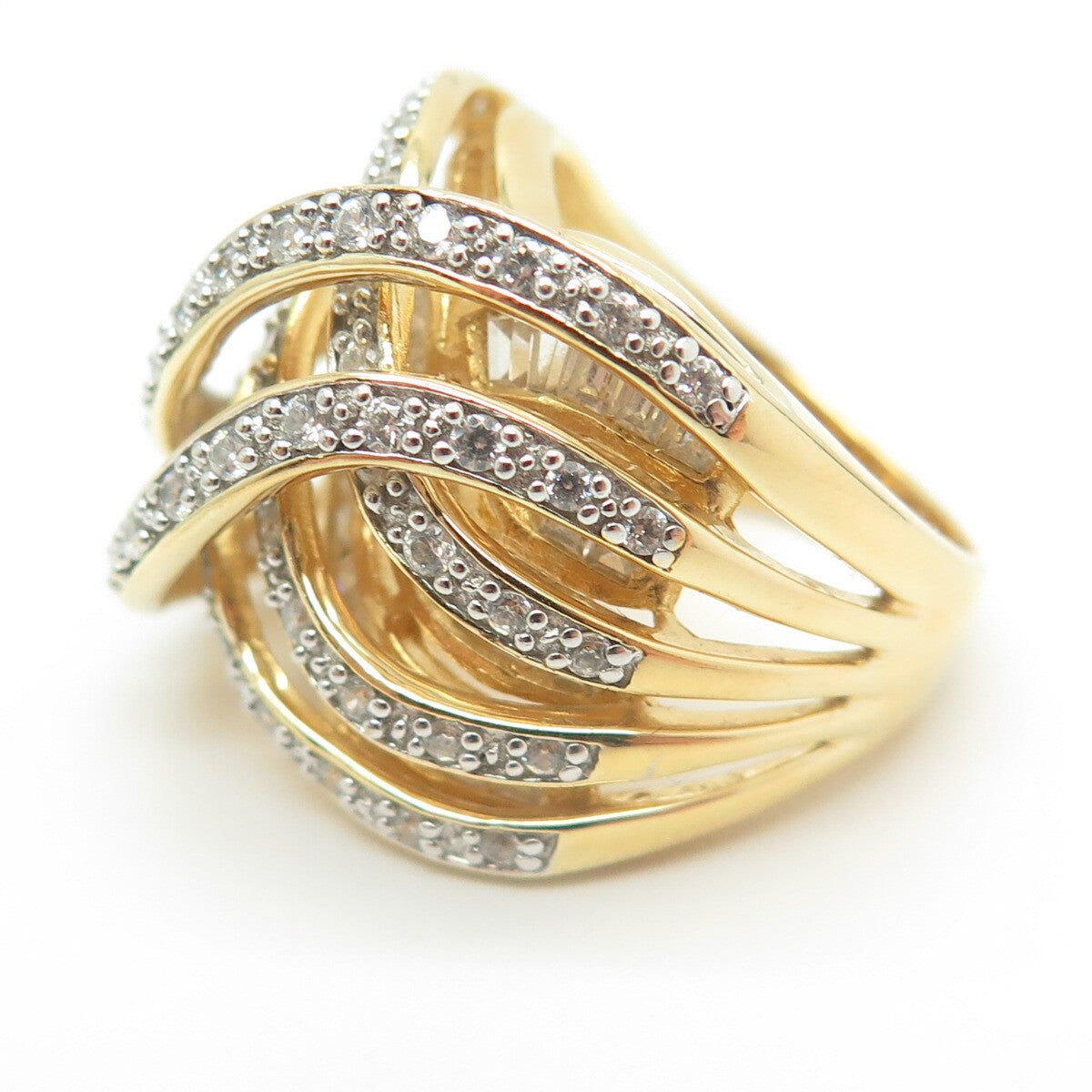 925 Sterling Silver Gold Plated C Z Multi-Row Interlocked Ring Size 6.25