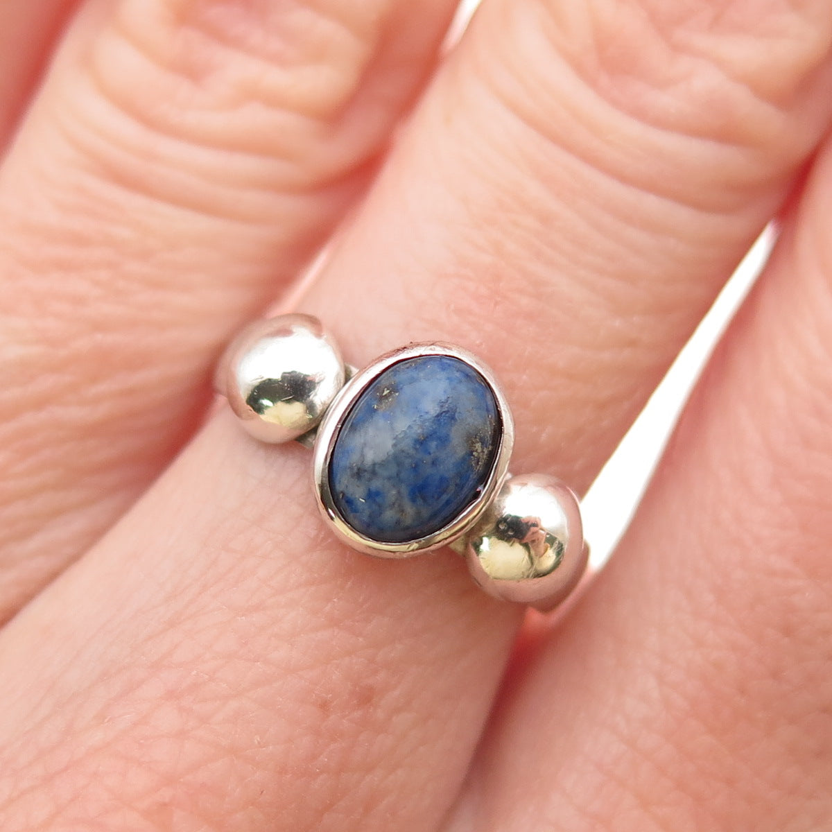 925 Sterling Silver Vintage Real Lapis Modernist Oxidized Ring Size 6.5