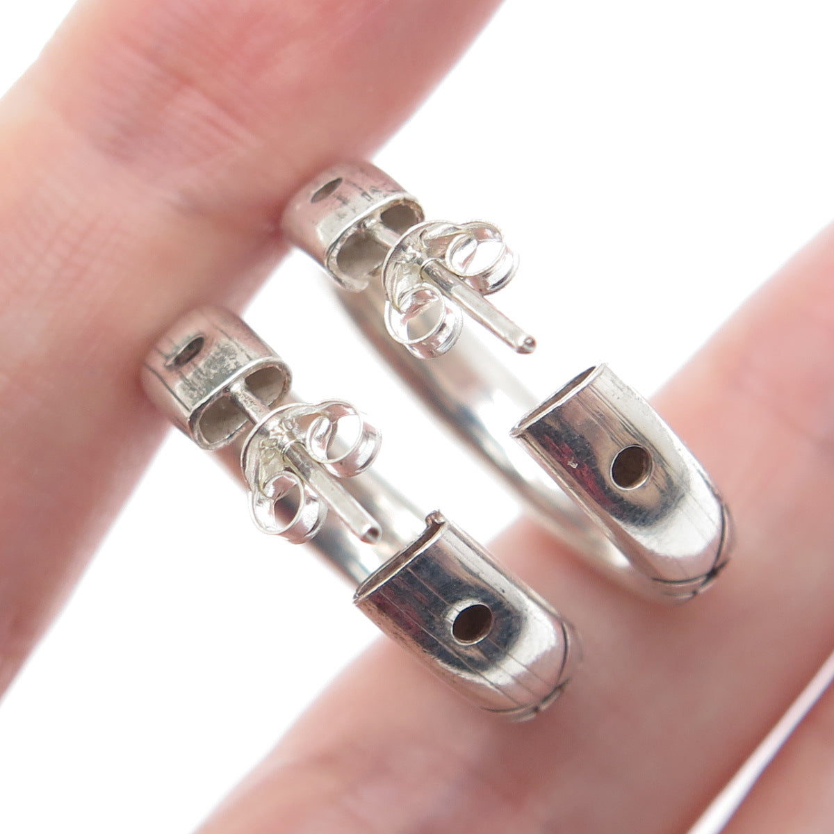 925 Sterling Silver Vintage Modernist Oxidized Hoop Earrings