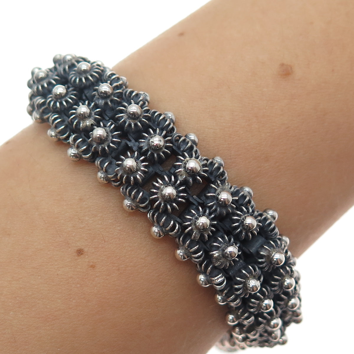 925 Sterling Silver Vintage Oxidized Cannetille Link Bracelet 7.25"