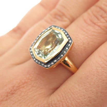 925 Sterling Silver Gold Plated Real Diamond & Green Amethyst Ring Size 6.75