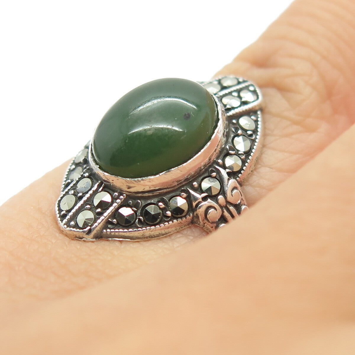 UNCAS 925 Sterling Silver Antique USA Real Jade & Marcasite Gem Ring Size 3.25