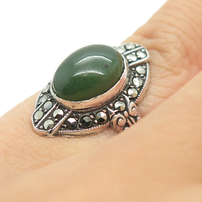 UNCAS 925 Sterling Silver Antique USA Real Jade & Marcasite Gem Ring Size 3.25