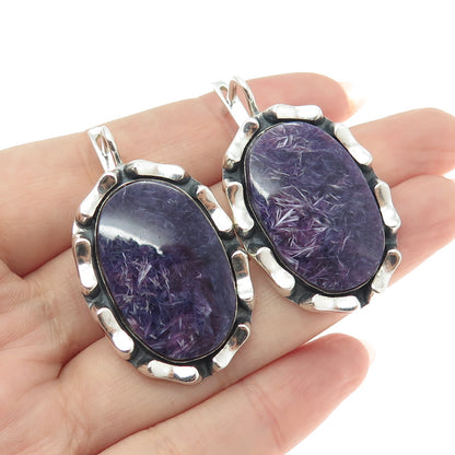 925 Sterling Silver Vintage Portugal Real Charoite Gemstone Modernist Earrings