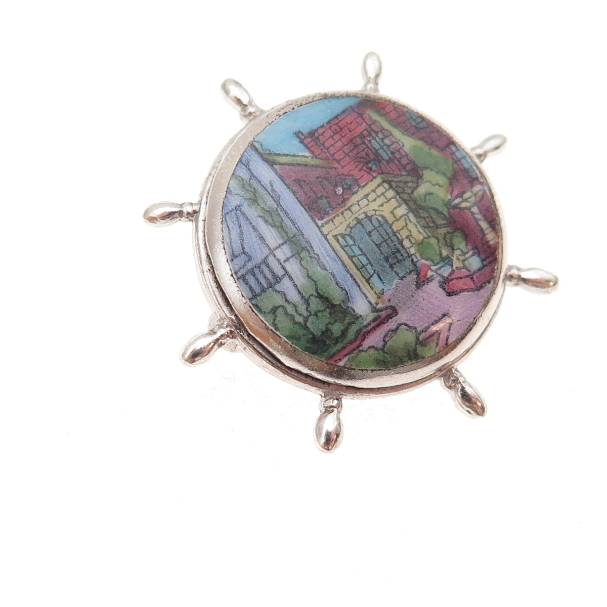 925 Sterling Silver Antique Art Deco Old Town Hand-Painted Ship's Wheel Brooch