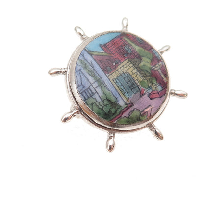 925 Sterling Silver Antique Art Deco Old Town Hand-Painted Ship's Wheel Brooch