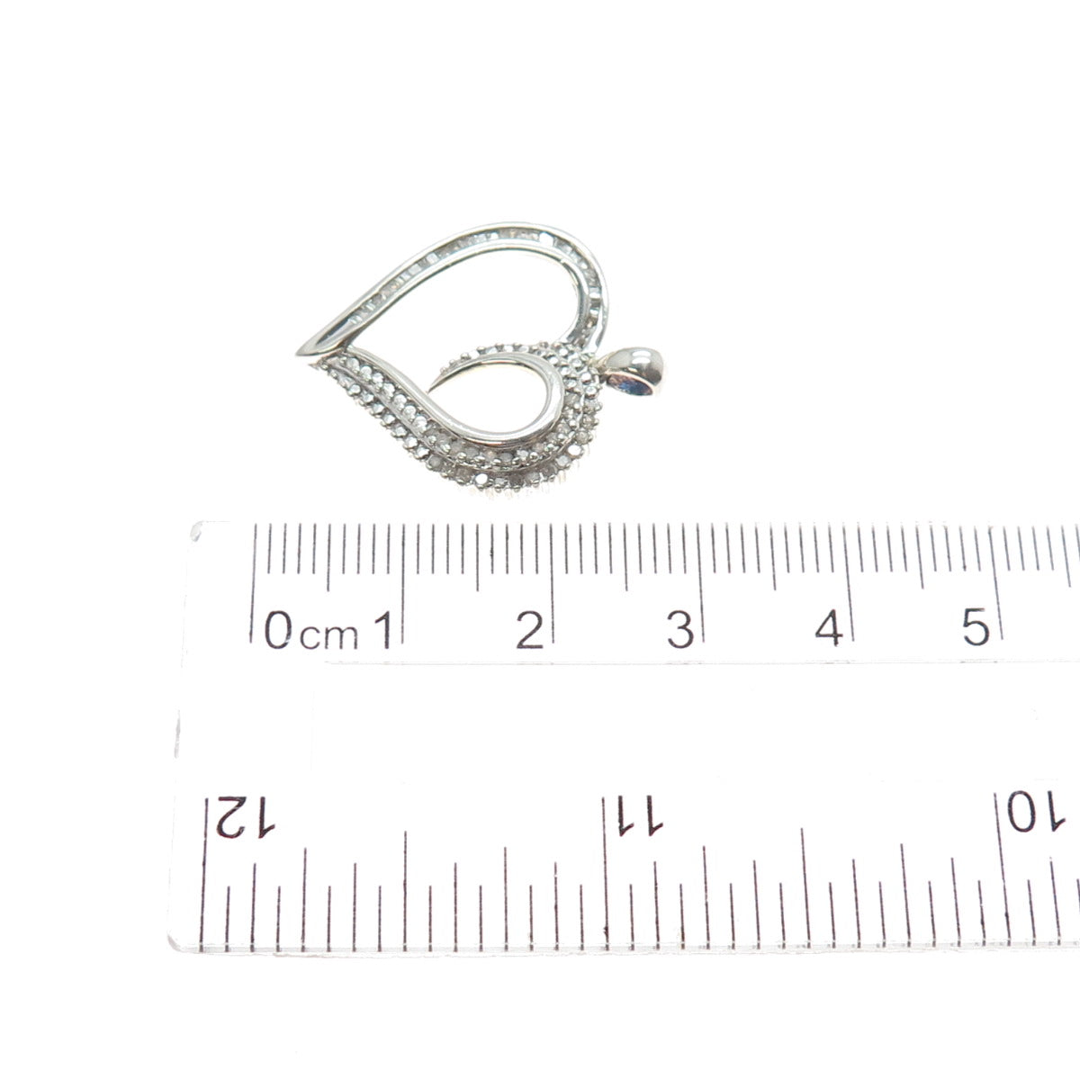 SUN 925 Sterling Silver Real Round & Tapered Baguette-Cut Diamond Heart Pendant