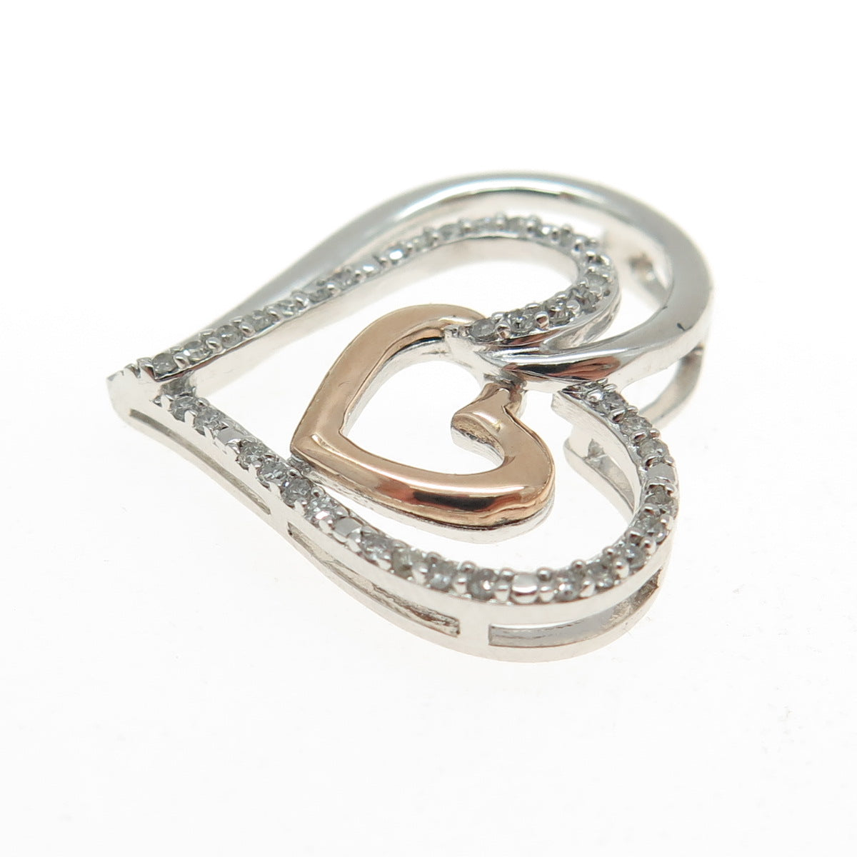 SUN 10K Rose Gold & 925 Sterling Silver Real Diamond Heart Slide Pendant