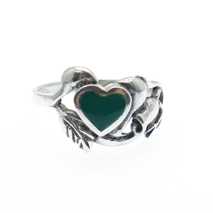 925 Sterling Silver Vintage Real Green Onyx Flower Oxidized Ring Size 9.25