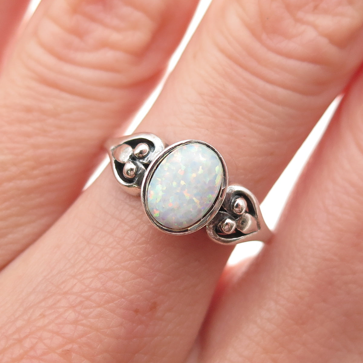 Equinox 925 Sterling Silver Vintage Real Opal Heart Oxidized Ring Size 8