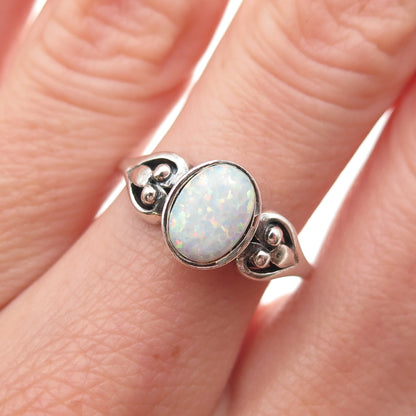 Equinox 925 Sterling Silver Vintage Real Opal Heart Oxidized Ring Size 8