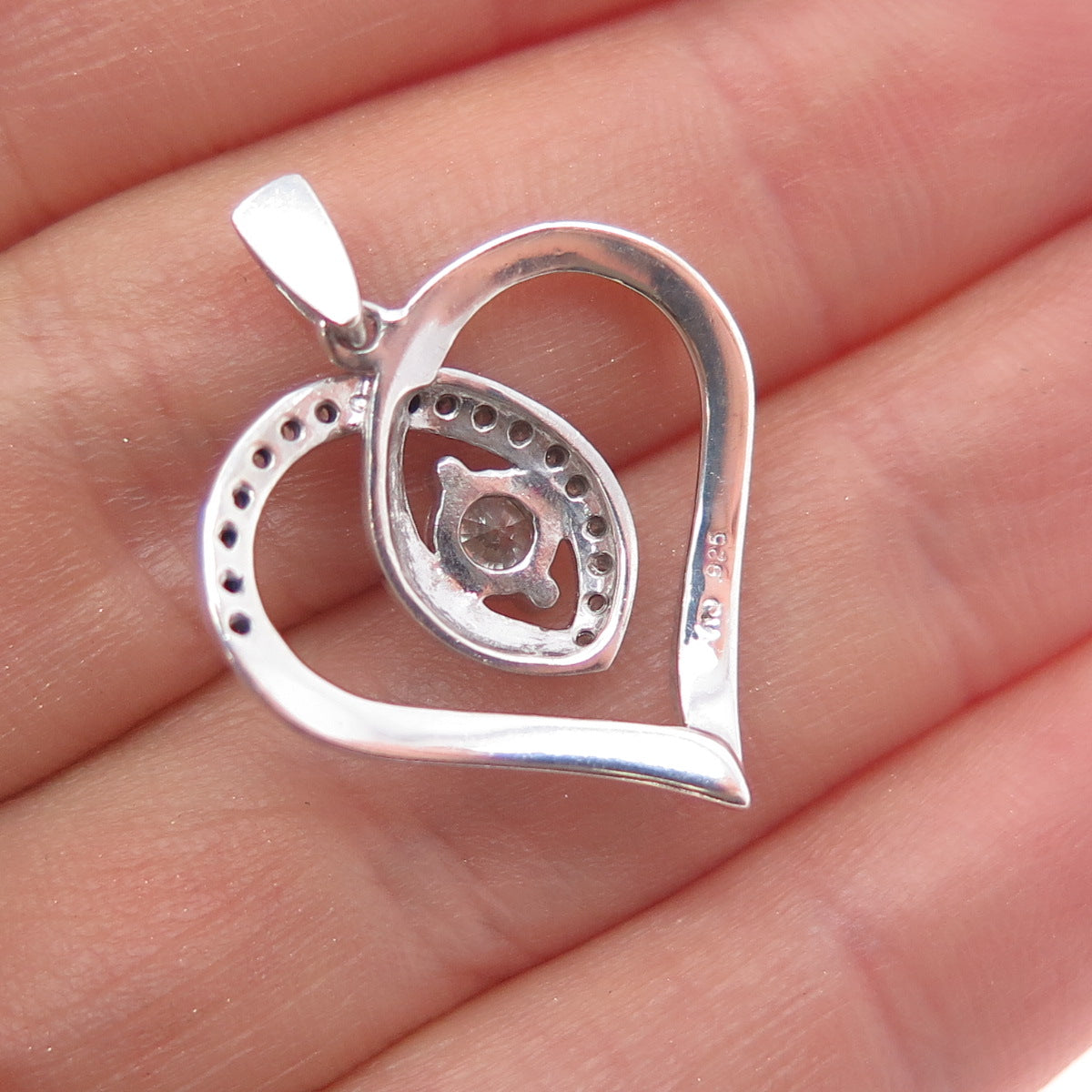 925 Sterling Silver Real Round-Cut Diamond Heart Charm Pendant