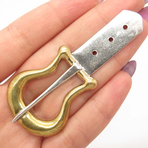 925 Sterling Silver 2-Tone Vintage Mexico Laton Belt Buckle Pin Brooch