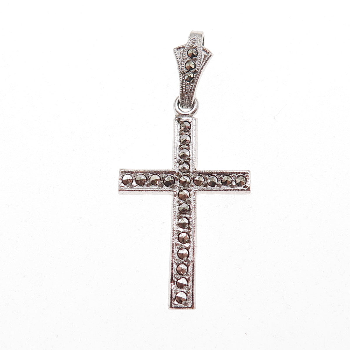 925 Sterling Silver Antique Art Deco Real Marcasite Cross Charm Pendant