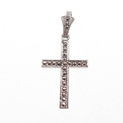 925 Sterling Silver Antique Art Deco Real Marcasite Cross Charm Pendant
