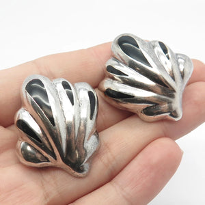 925 Sterling Silver Vintage Mexico Real Black Onyx Gem Shell Clip On Earrings