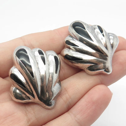 925 Sterling Silver Vintage Mexico Real Black Onyx Gem Shell Clip On Earrings