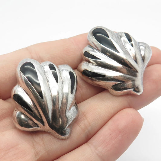 925 Sterling Silver Vintage Mexico Real Black Onyx Gem Shell Clip On Earrings