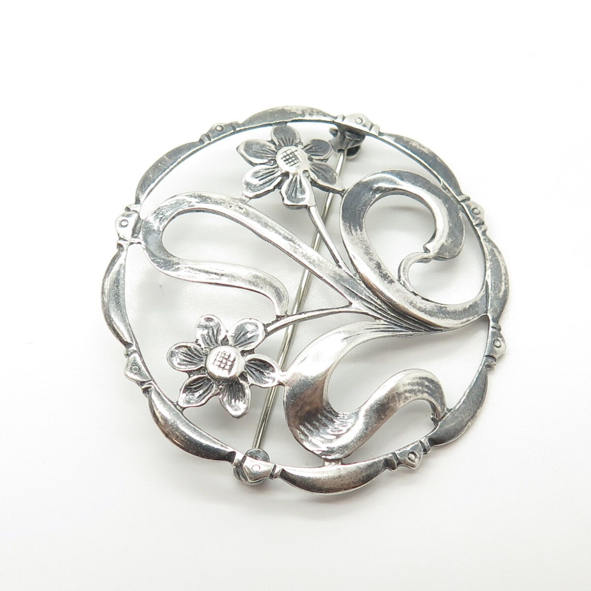 925 Sterling Silver Vintage Floral Blossom Round Pin Brooch