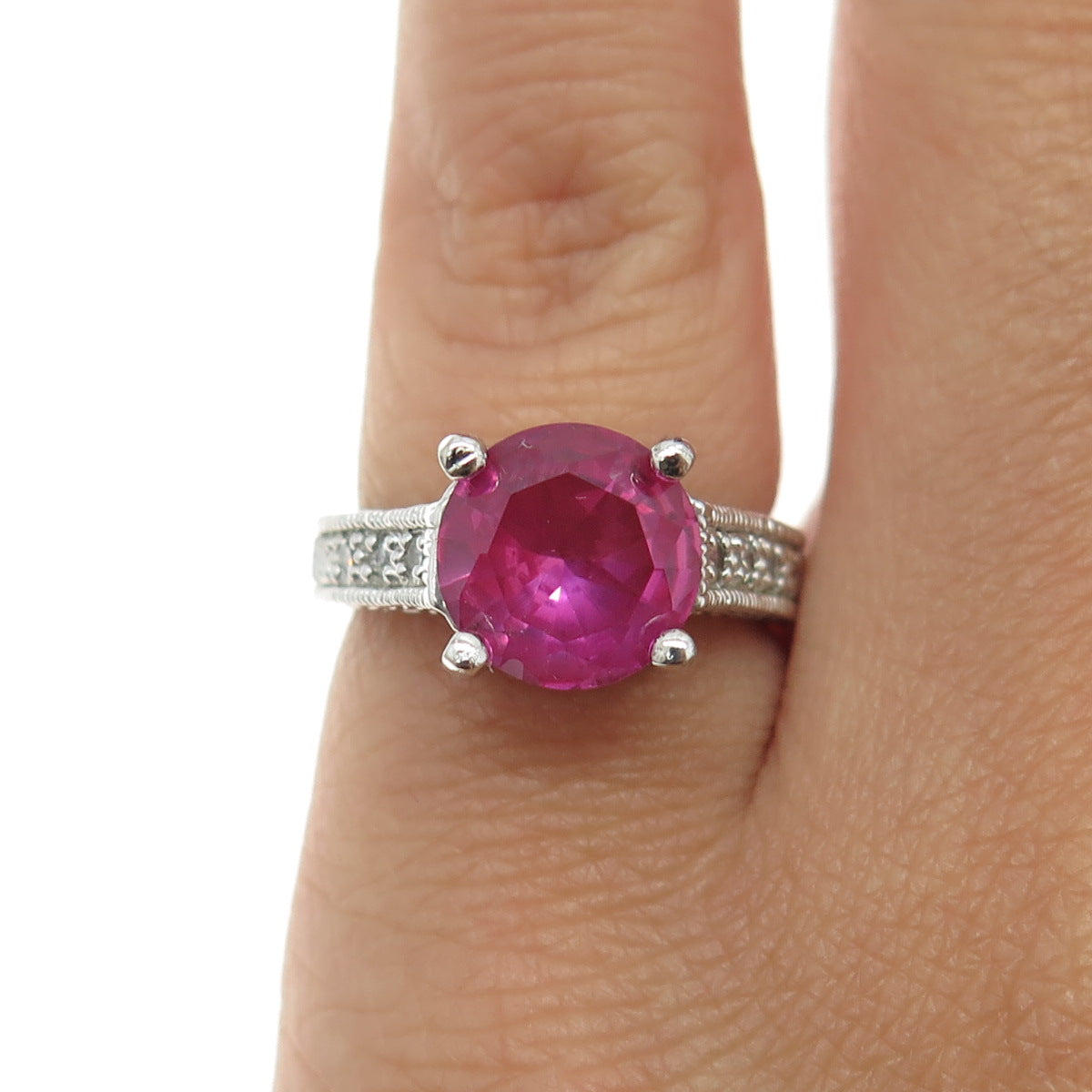 925 Sterling Silver Lab-Created Ruby & C Z Ring Size 5.25