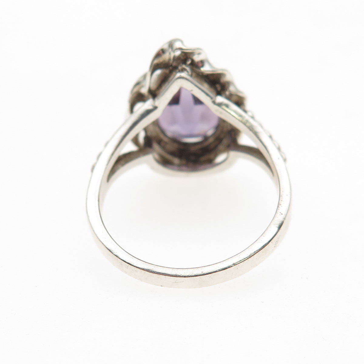 925 Sterling Silver Vintage Real Amethyst Teardrop Oxidized Ring Size 6.75