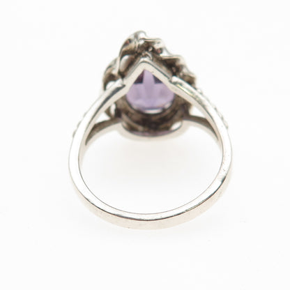 925 Sterling Silver Vintage Real Amethyst Teardrop Oxidized Ring Size 6.75