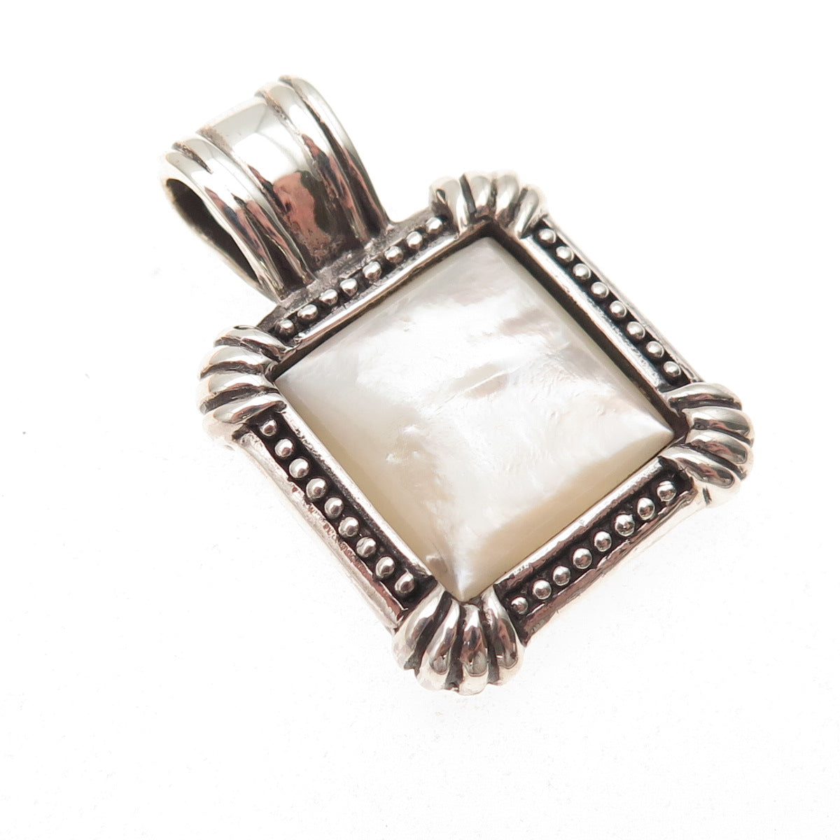 925 Sterling Silver Vintage Real MOP Granulated Oxidized Charm Pendant