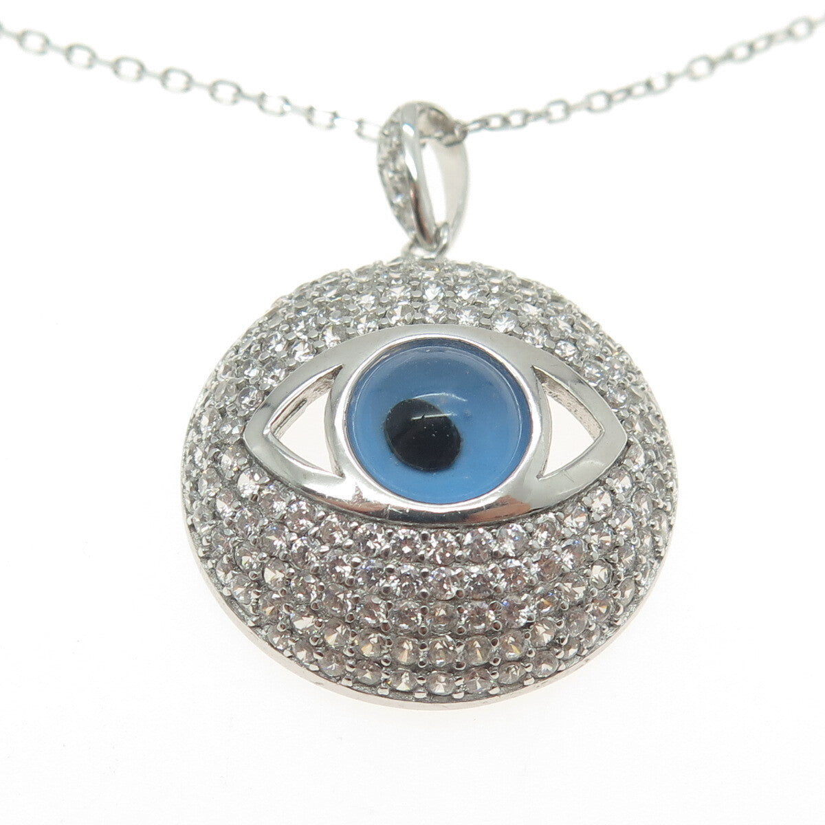 925 Sterling Silver Pave C Z & Glass Evil Eye Pendant Cable Chain Necklace 18"