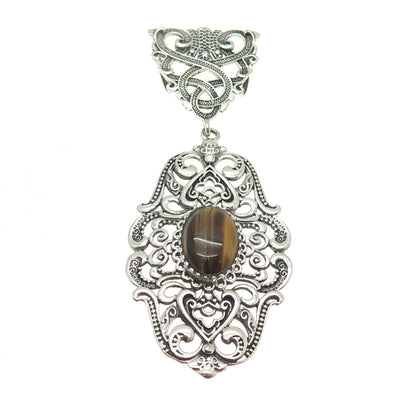 925 Sterling Silver Vintage Real Tiger Eye Celtic Knot Swirl Oxidized Pendant